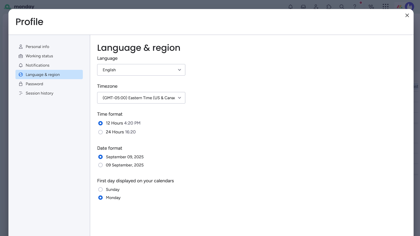 Monday.com Language and Region Settings