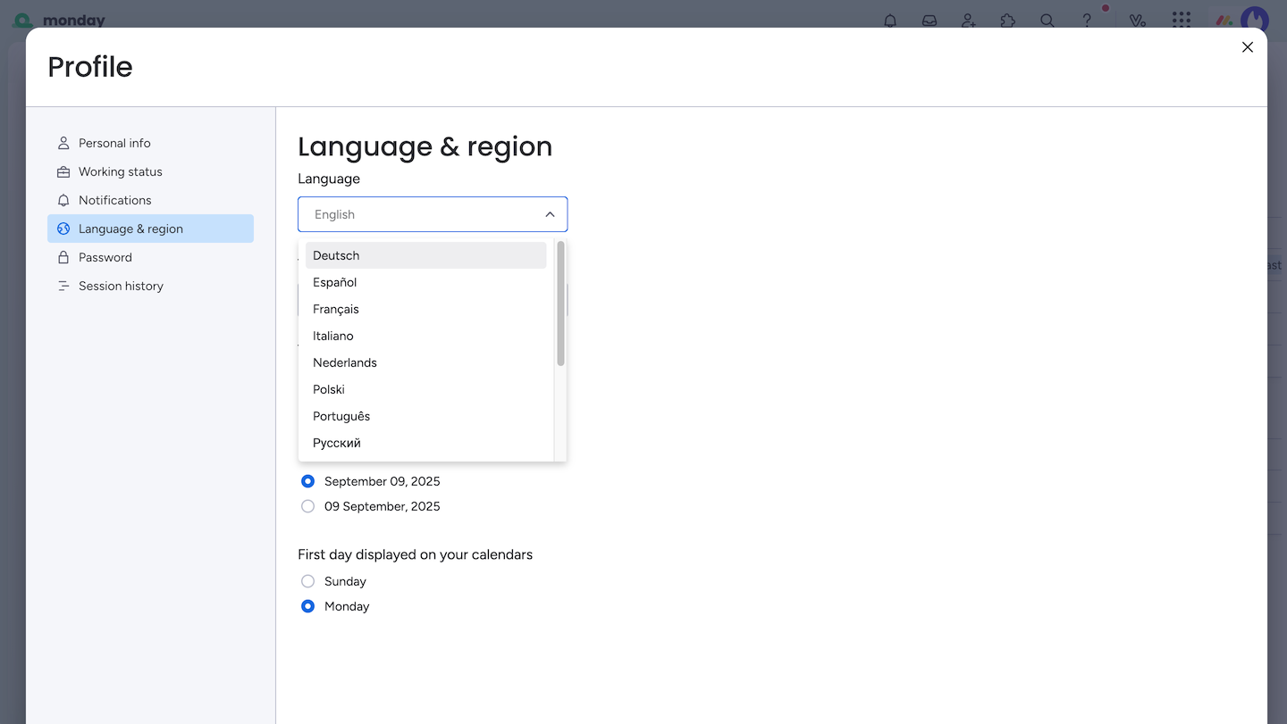 Monday.com Language Dropdown Settings