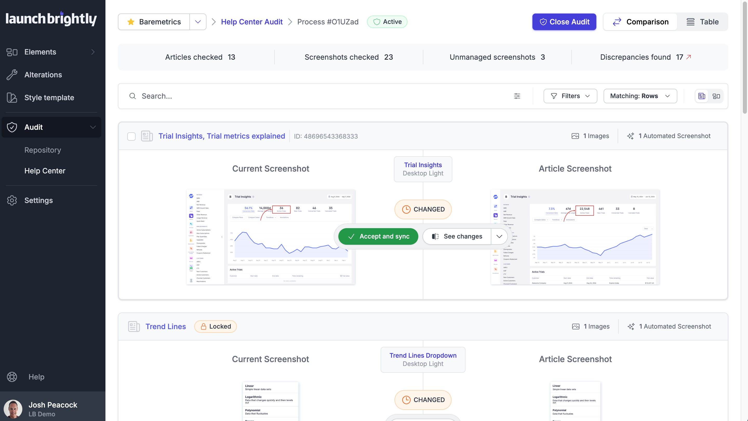 LaunchBrightly Help Center Audit Comparison View