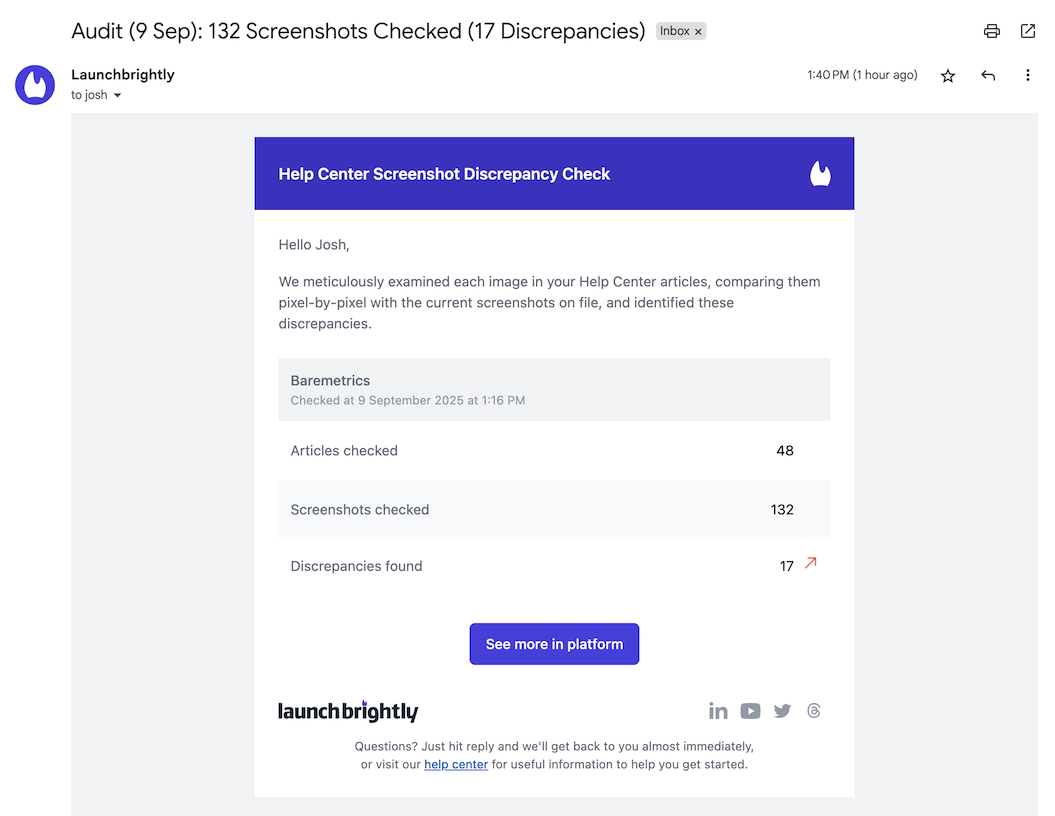LaunchBrightly Help Center Discrepancy Notification Email