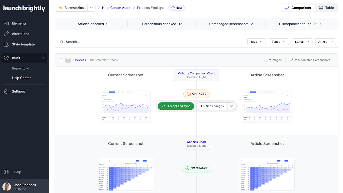 LaunchBrightly Help Center Audit Comparison Rows