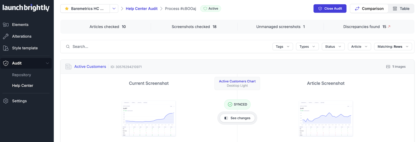 LaunchBrightly Help Center Audit Synced Row