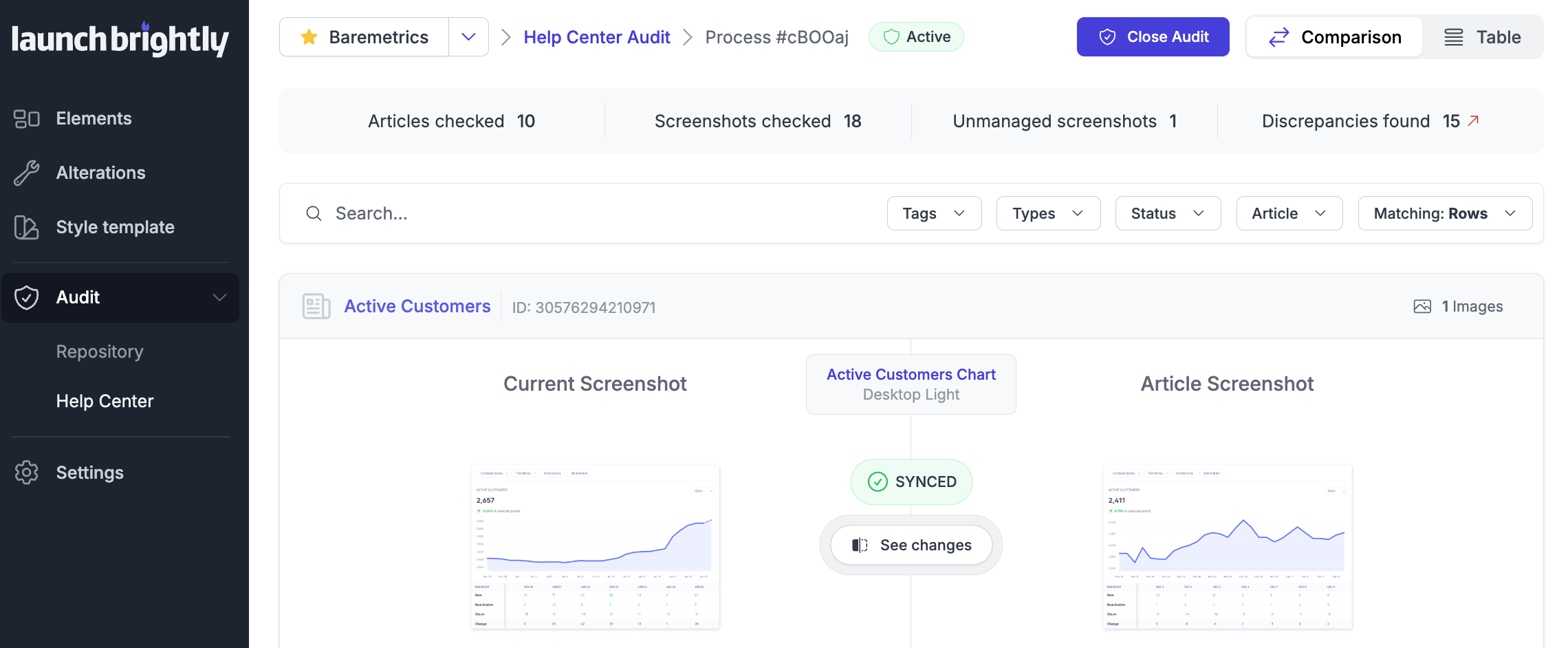 LaunchBrightly Help Center Audit Synced Screenshot