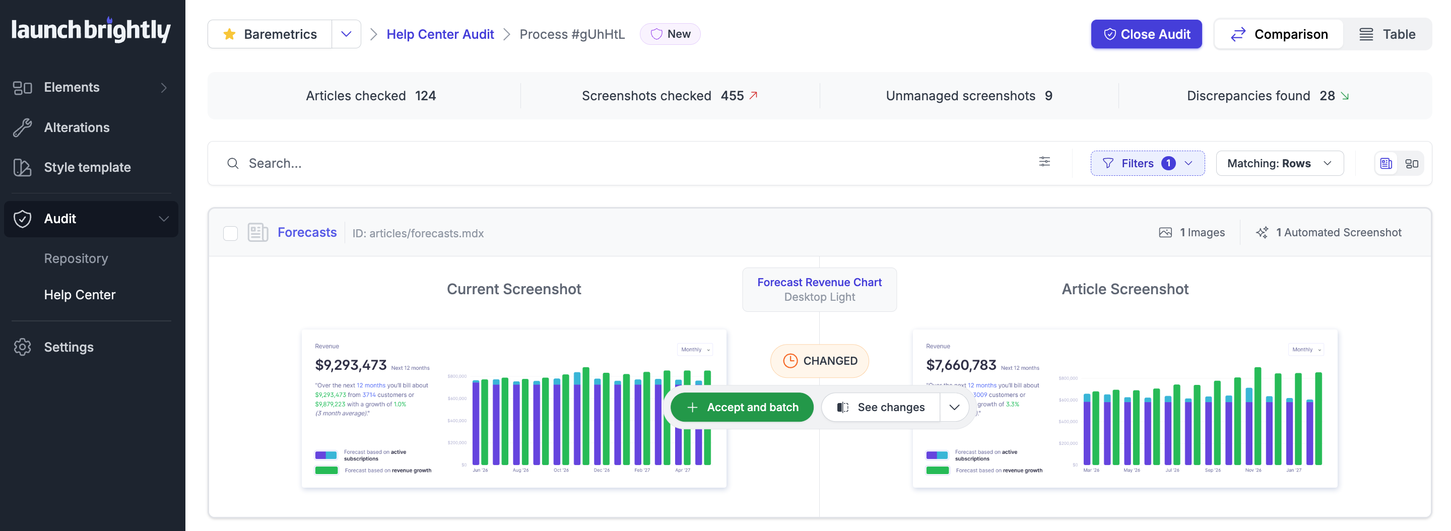 LaunchBrightly Help Center Audit - Accept and Batch Changes