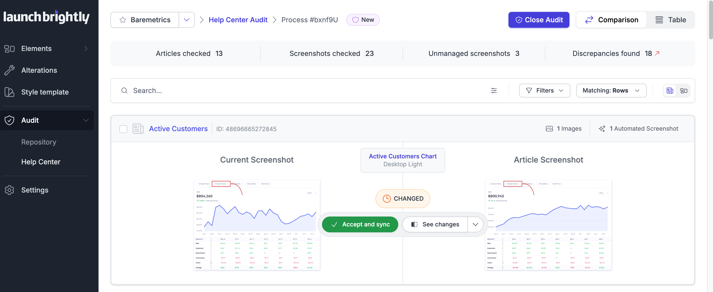 LaunchBrightly Help Center Audit - Comparison View Accept and Sync
