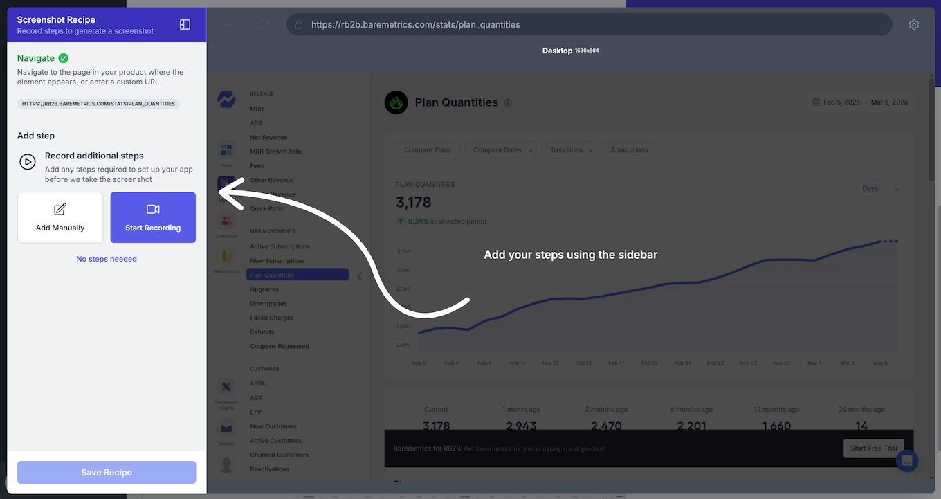LaunchBrightly screenshot recipe builder showing a browser-in-browser for recording screenshot automation steps