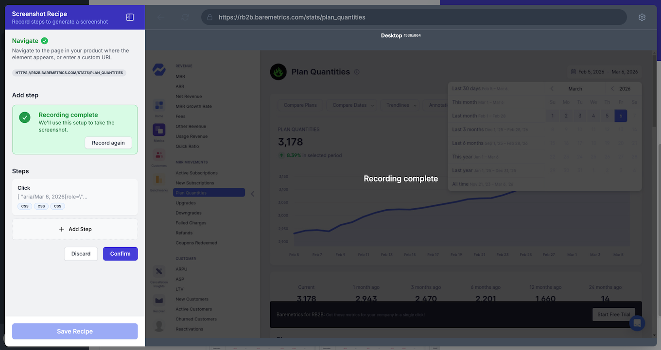LaunchBrightly screenshot recipe builder showing the browser-in-browser recording of screenshot automation stesp being complete
