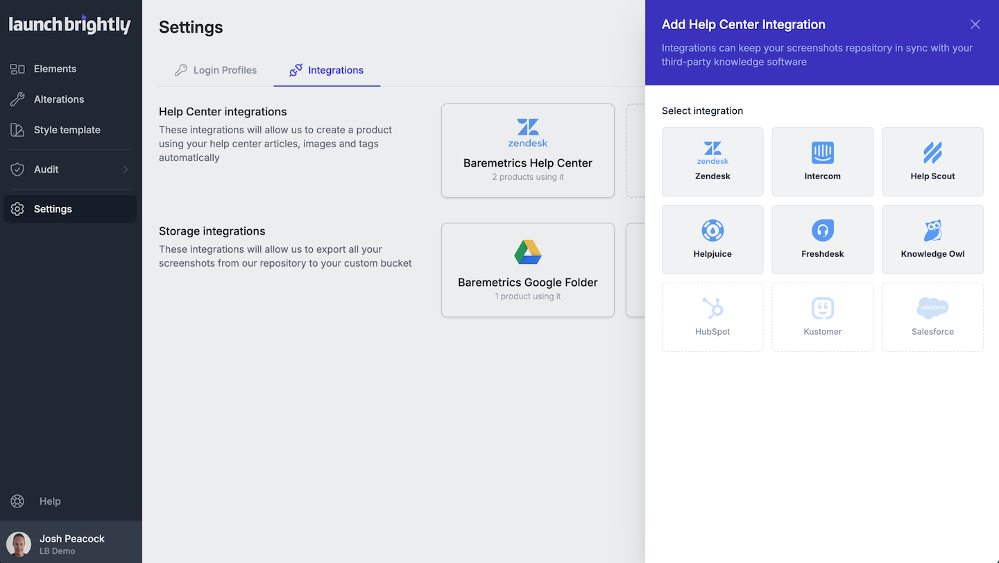 LaunchBrightly integration your help center platform to sync automated product screenshots